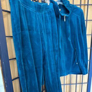 Teal Velour Tracksuit Set – Zip Hoodie & Pants – White Stag – Small